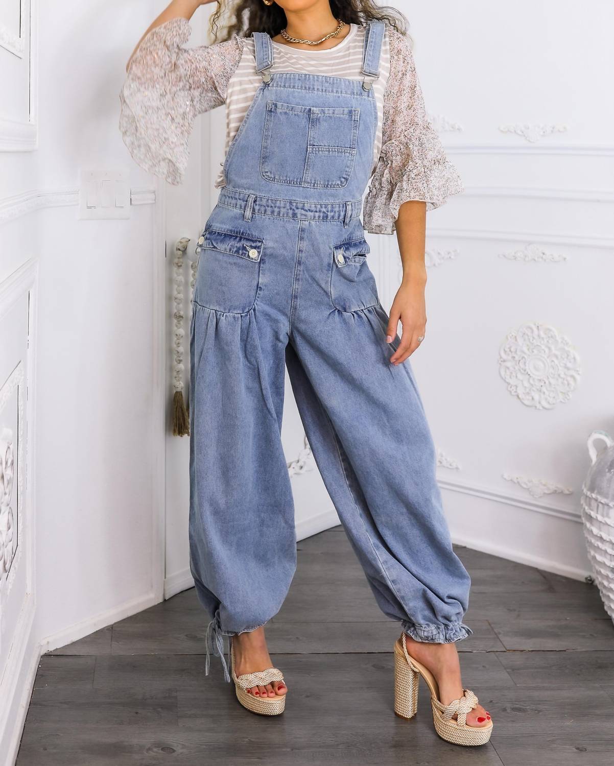 Surelymine - Women’s Relaxed Denim Overalls Wide-leg Boho Style With Pockets