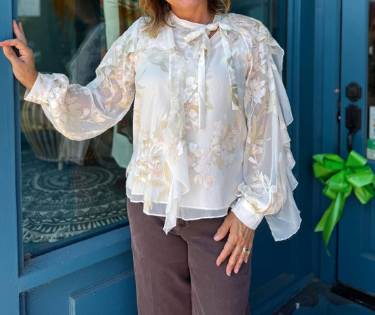 Ciebon - Women's Burnout Ruffle Blouse