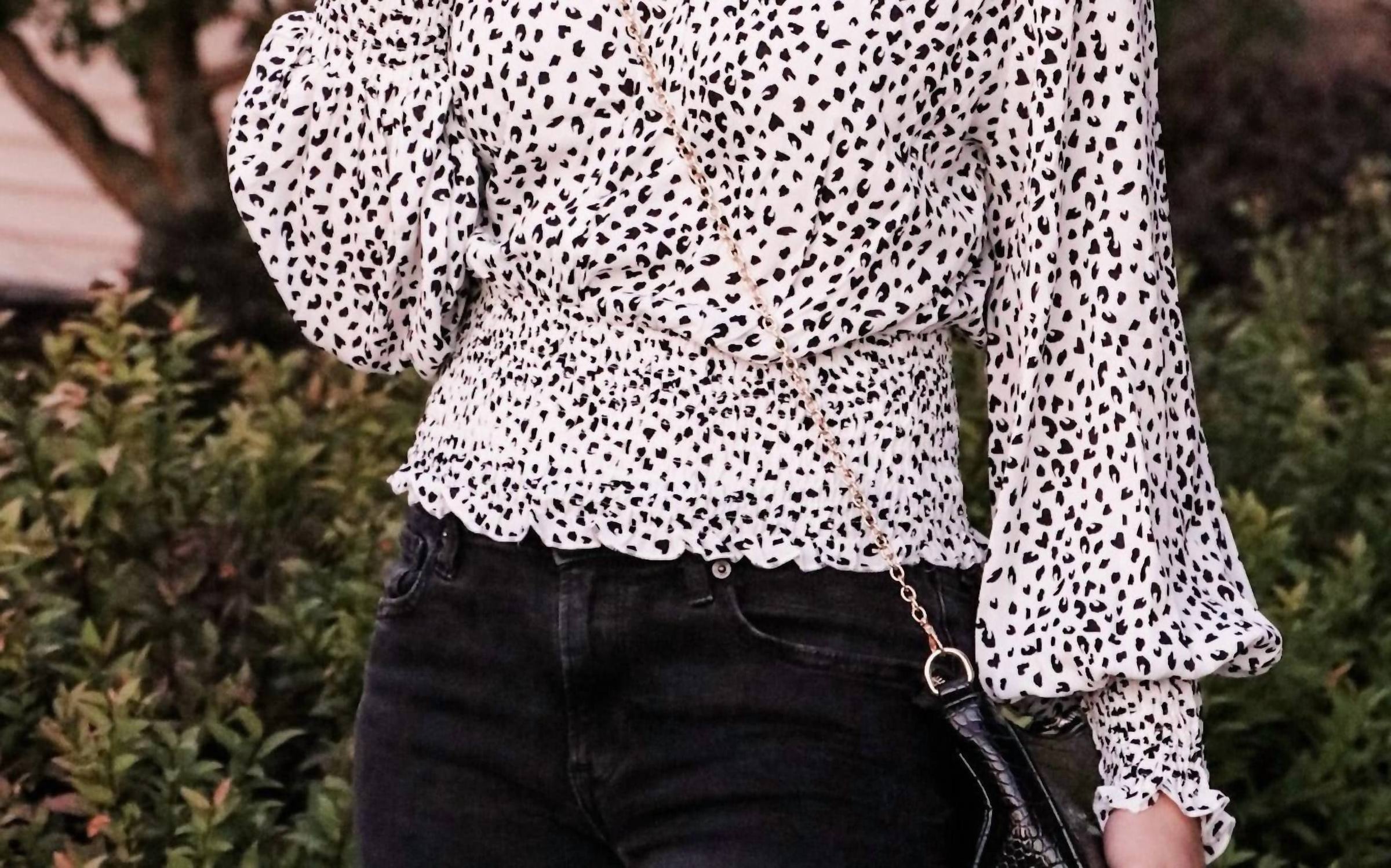 Mountain Valley - Leopard V-neck Smocked Long Sleeve Blouse
