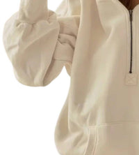 BiBi Stitch Detailed Elastic Hem Half Zip Fleece Hoodie in off white - women's top - detail view