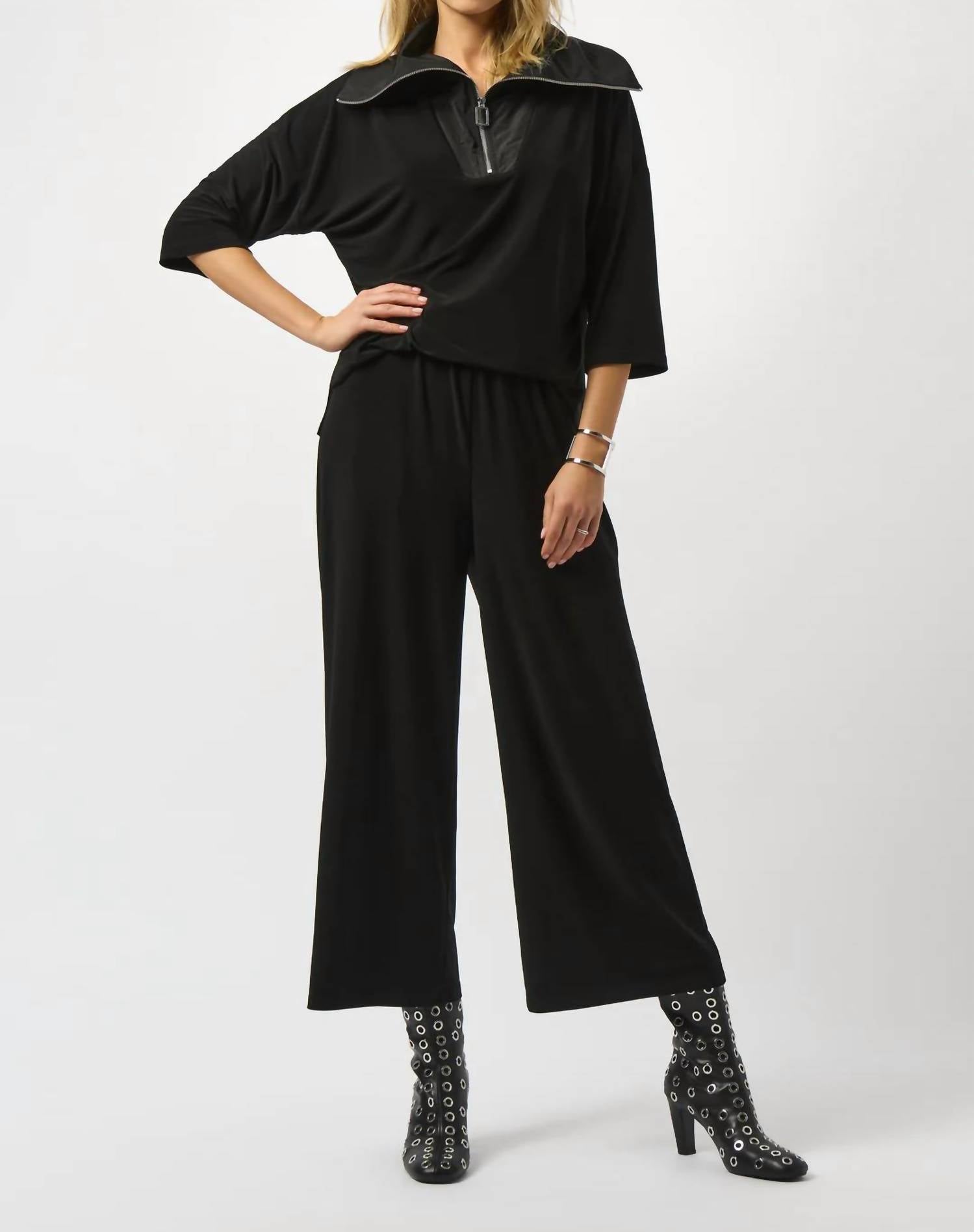 Joseph Ribkoff Oversized Zipped Collar 3/4 Sleeves Jumpsuit in black - women's pants