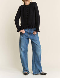 Candescent Ruffle Trim Button Up Cardigan in navy - women's cardigan - view 5
