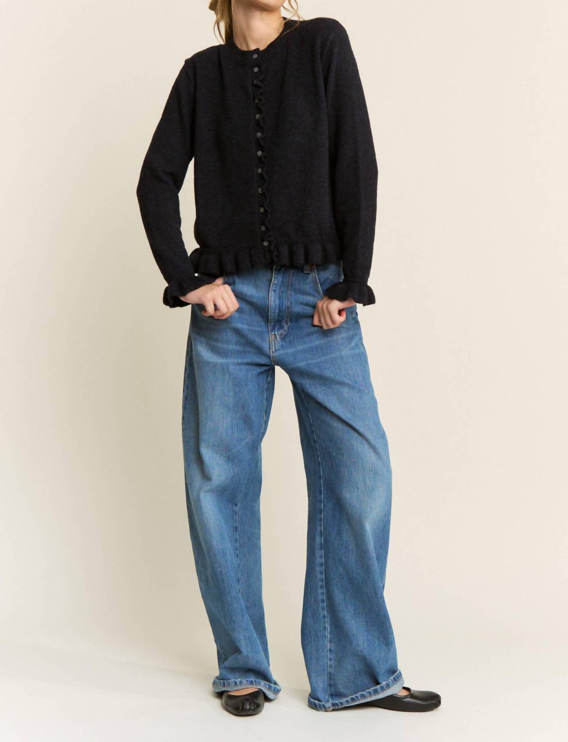 Candescent Ruffle Trim Button Up Cardigan in navy - women's cardigan - view 5
