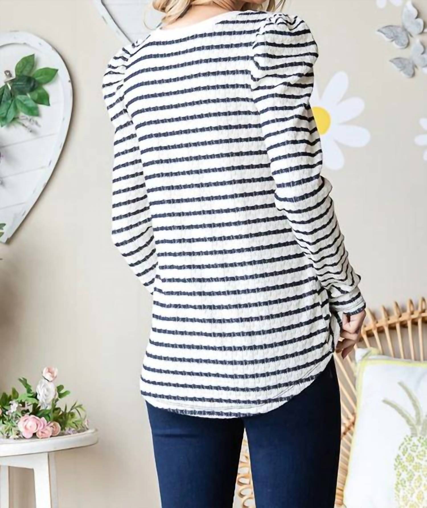 7Th Ray - Striped Long Puff Sleeve Top