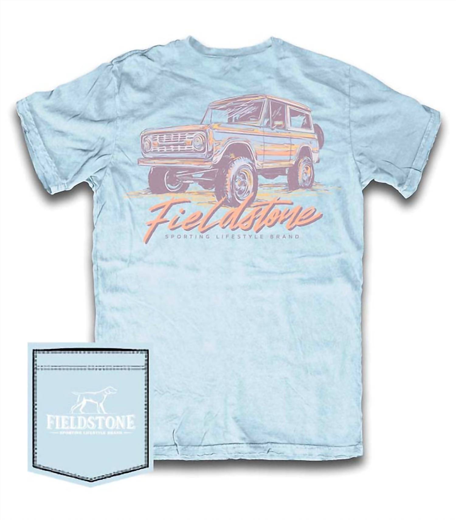 Fieldstone Neon Bronco Tee in baby blue - men's t-shirt - detail view