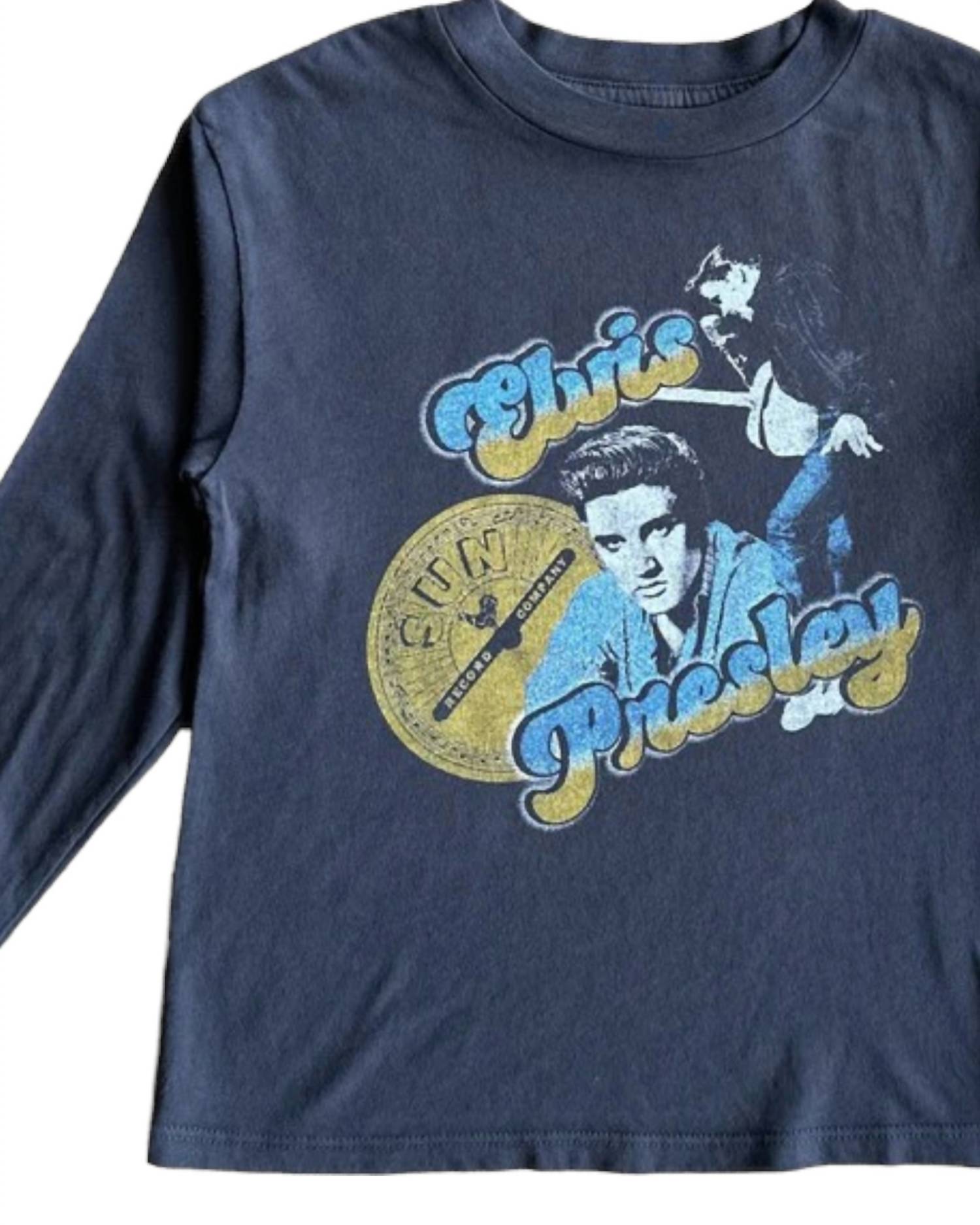 ROWDY SPROUT Kid's Sun Records Elvis Presley Long Sleeve Tee in black - kids' long sleeve top - detail view