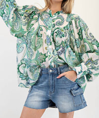 ee:some Paisley Printed Bubble Sleeve Top in multicolor - women's blouse - alternate view