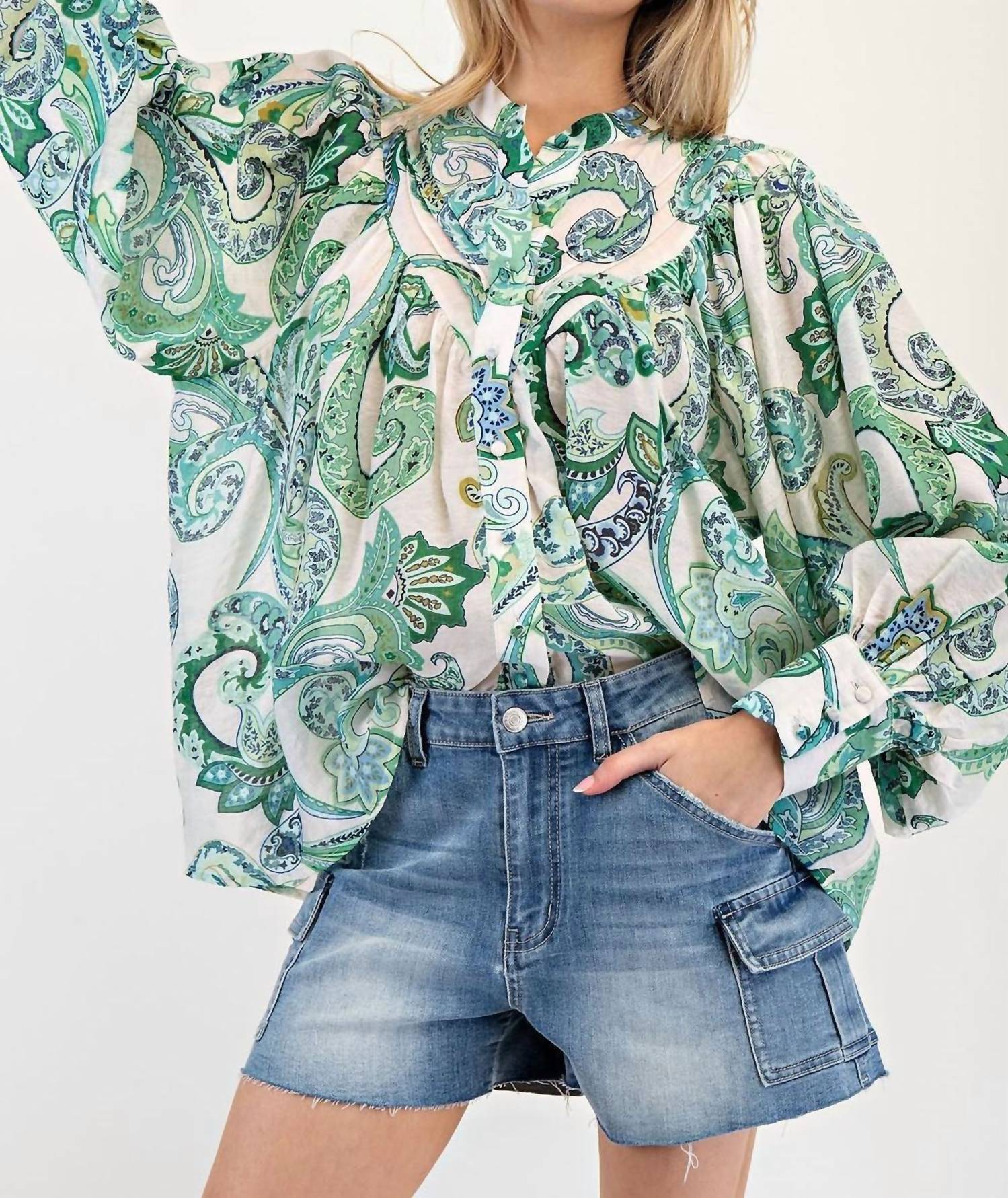 ee:some Paisley Printed Bubble Sleeve Top in multicolor - women's blouse - alternate view