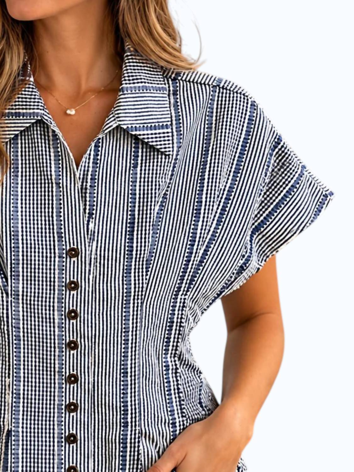 Thml - Short Sleeve Stripes Gingham Button Up Top