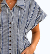 Thml - Short Sleeve Stripes Gingham Button Up Top