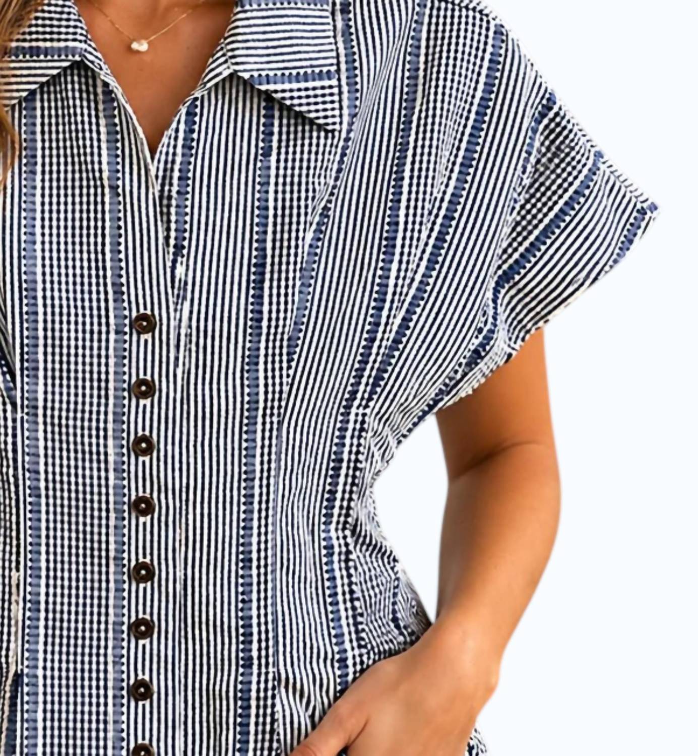Thml - Short Sleeve Stripes Gingham Button Up Top