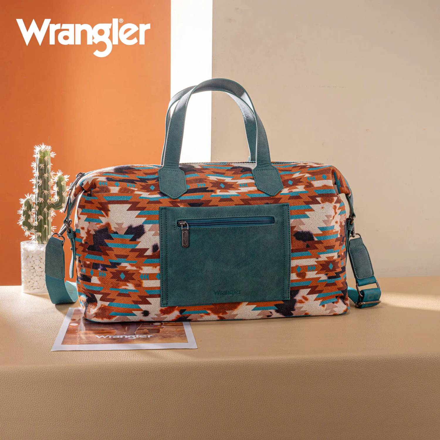 Wrangler Aztec Print Duffle Crossbody Bag in turquoise - women's bag - detail view