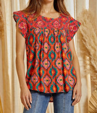 Savanna Jane - Aztec Embroidered Flutter Sleeve Top