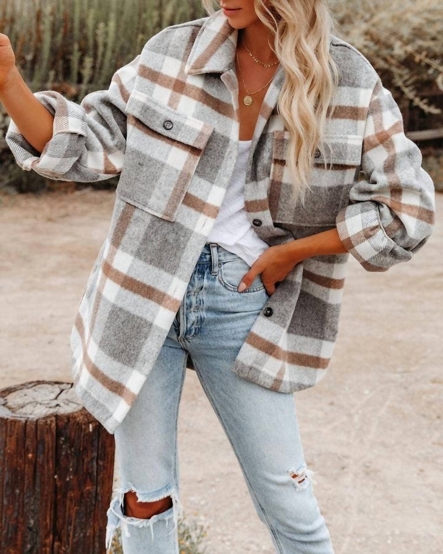 Lovesoft - Plaid Button Flannel Shirt Jacket