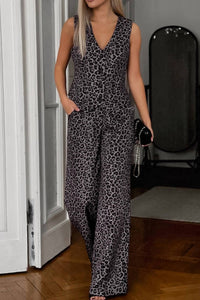 La Roseason Vest Long Pants Set in brown leopard - women's sleepwear - detail view