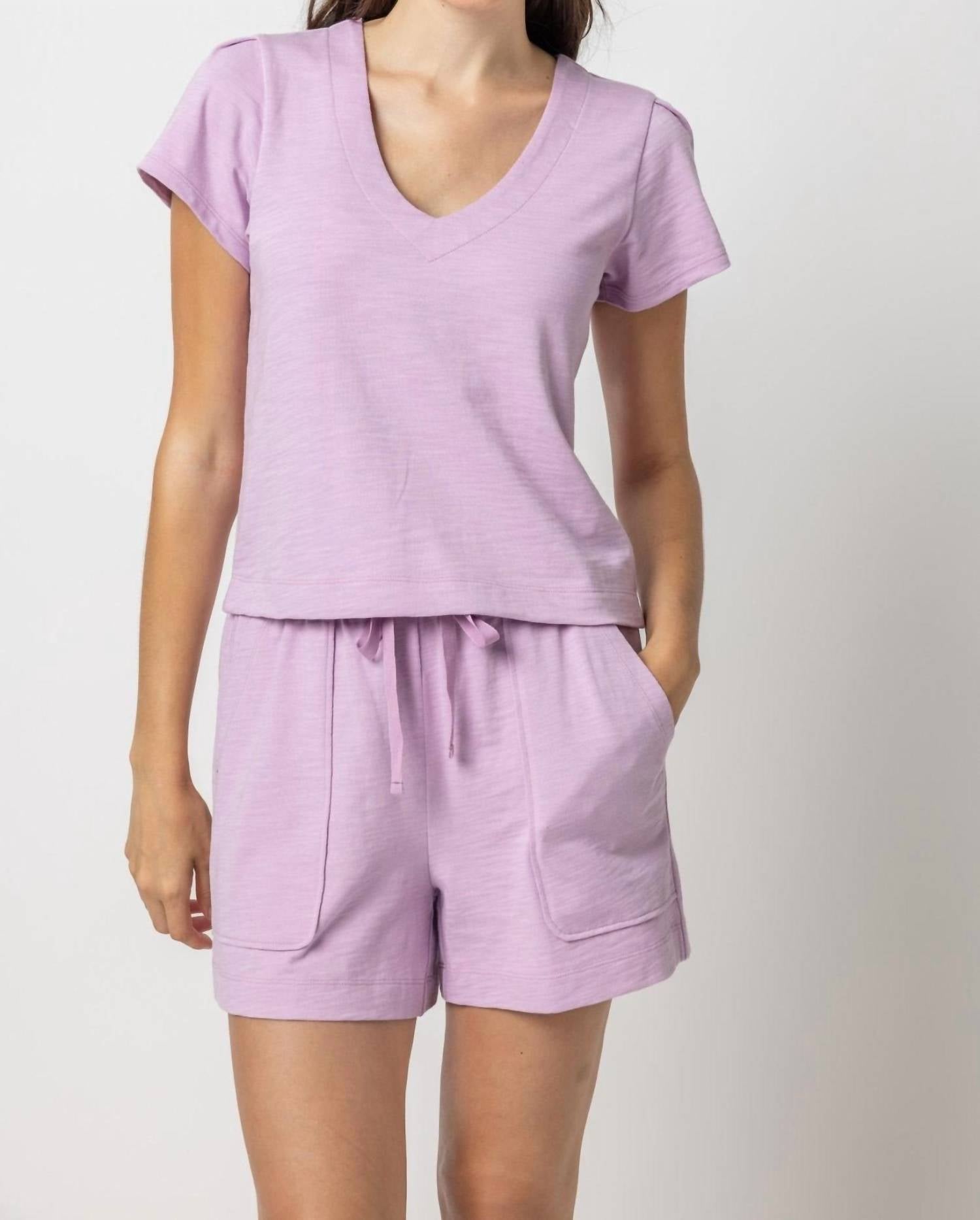 Lilla P - Pleated Cap Sleeve V-neck Tee