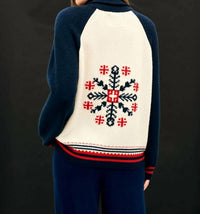 Jumper1234 Snowflake Zip Up Cardigan Sweater in navy red and cream - women's cardigan - detail view