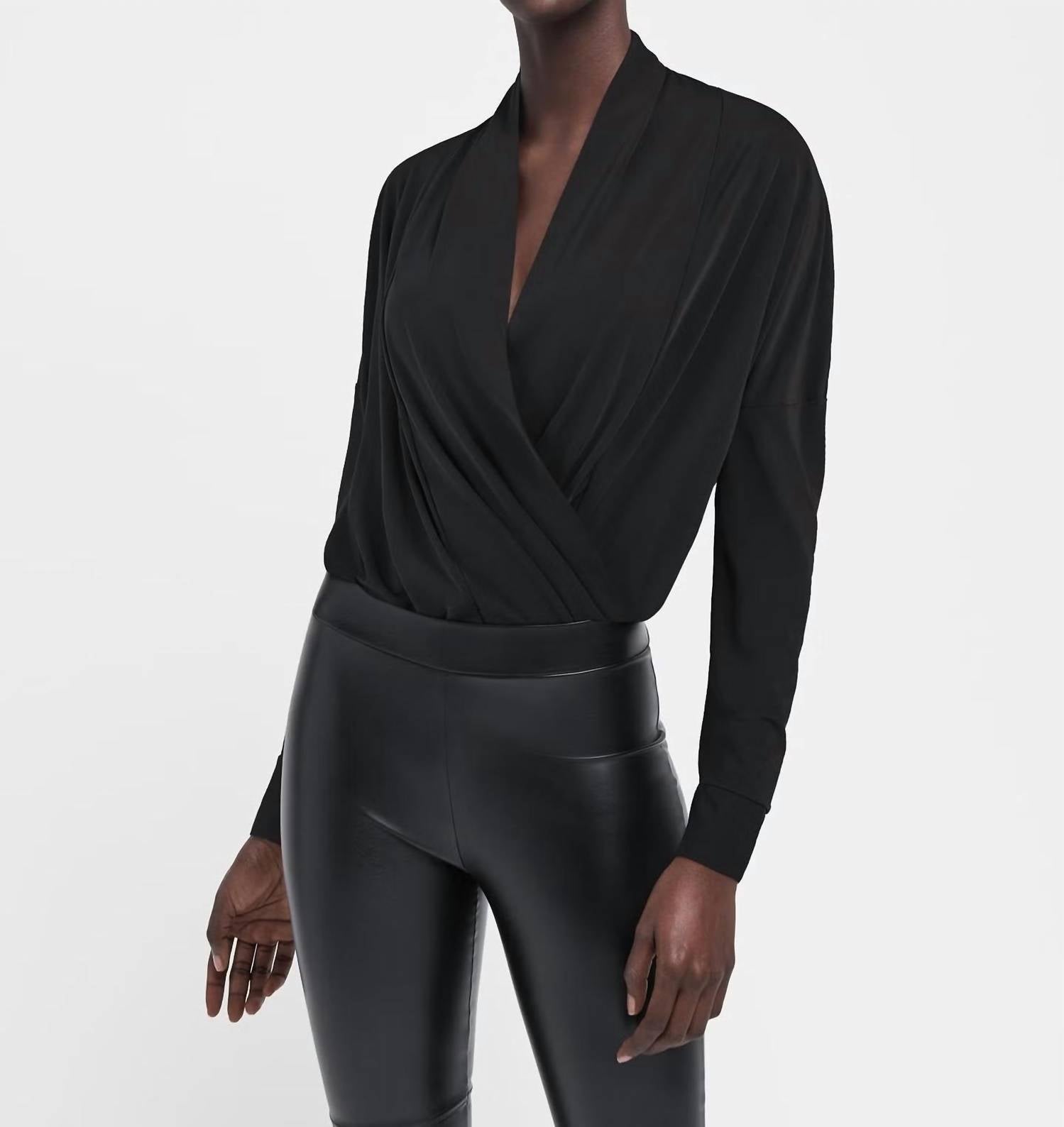 Wolford Shannon V-neck Bodysuit in black - women's shirt - detail view