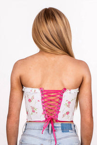 Sky to Moon Ribbon Corset Top in pink garden floral - women's shirt - alternate view