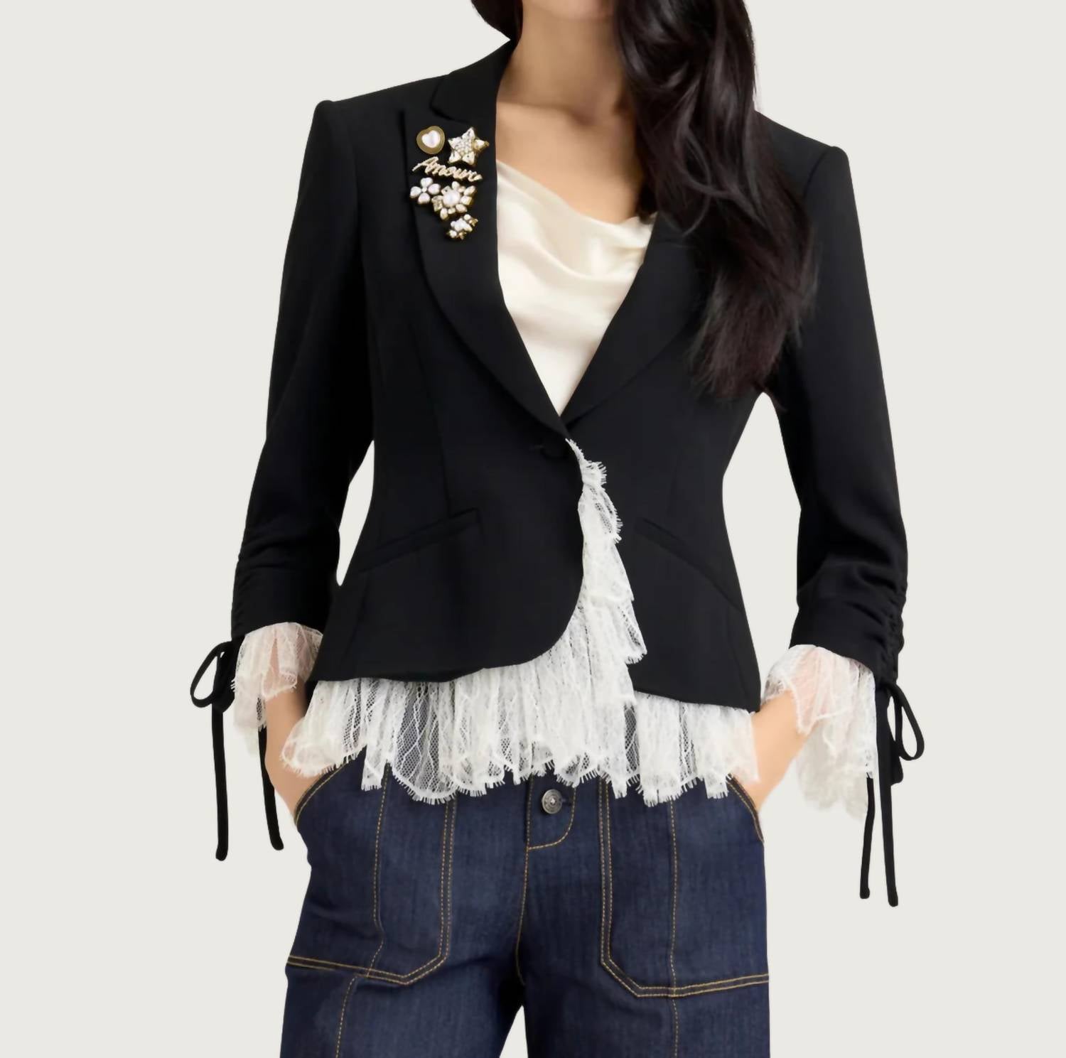 cinq a sept Le Petit Roxie Blazer in black ivory - women's jacket - detail view