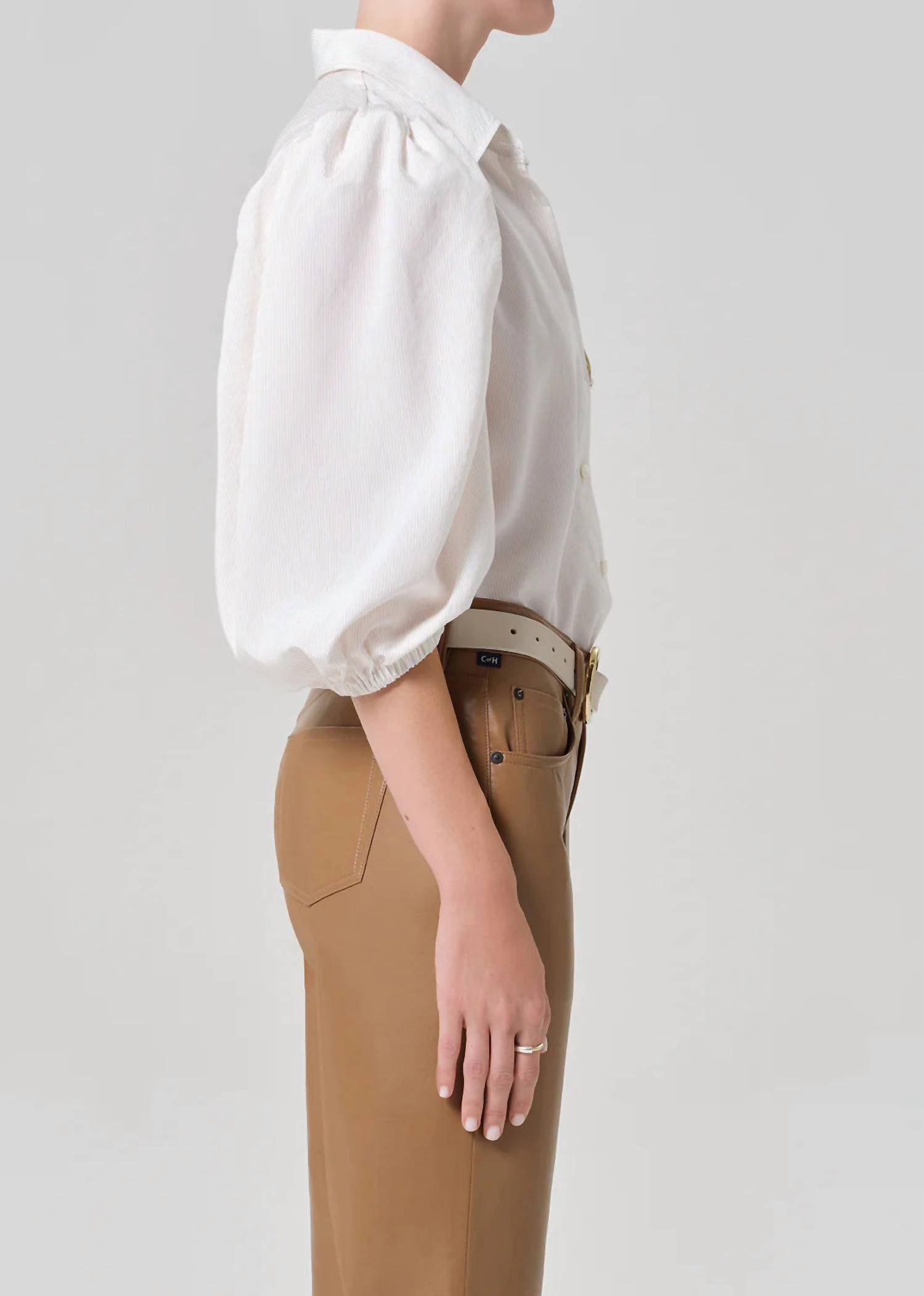 Citizens of Humanity Anya Puff Sleeve Shirt in sand microstripe - women's blouse - view 4