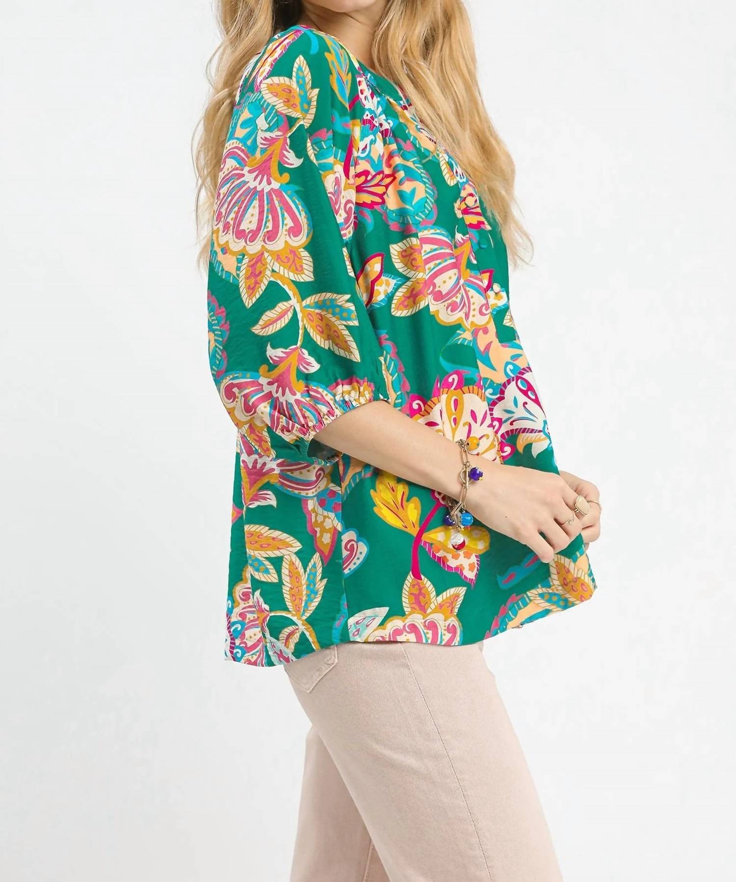 Umgee - Paisley Print V-neck Half Button Down Top