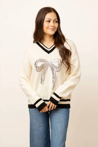 Grace + Emma - Silver Sequin Bow on Cream Varsity Sweater