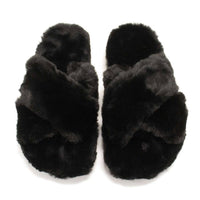 HUNTER Women's Faux Fur Flatform Crossover Slides in black - women's shoe - view 8