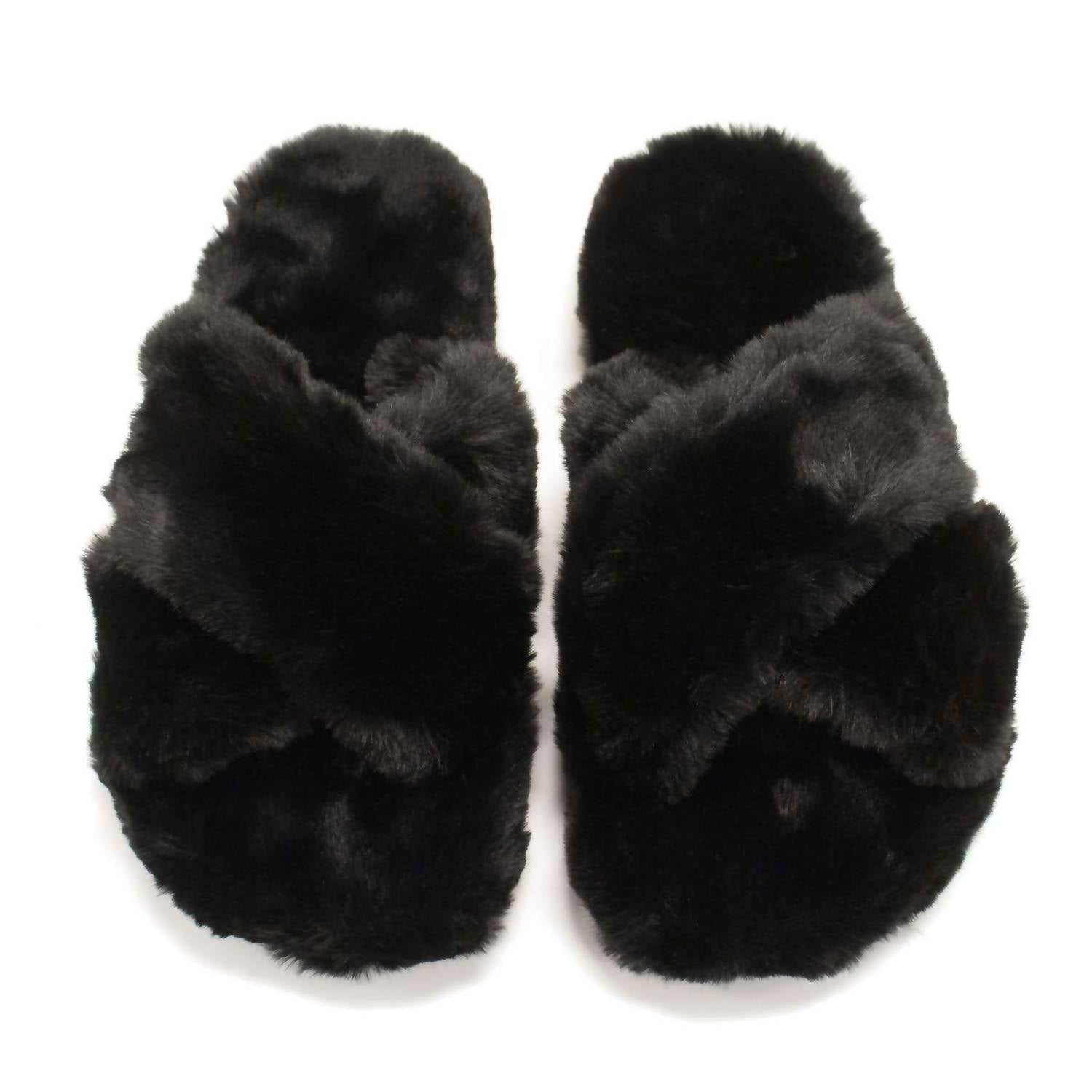 HUNTER Women's Faux Fur Flatform Crossover Slides in black - women's shoe - view 8