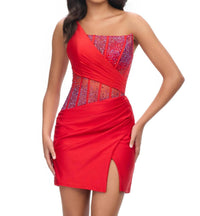 ASHLEYlauren One Shoulder Beaded Cocktail Dress in red - women's dress