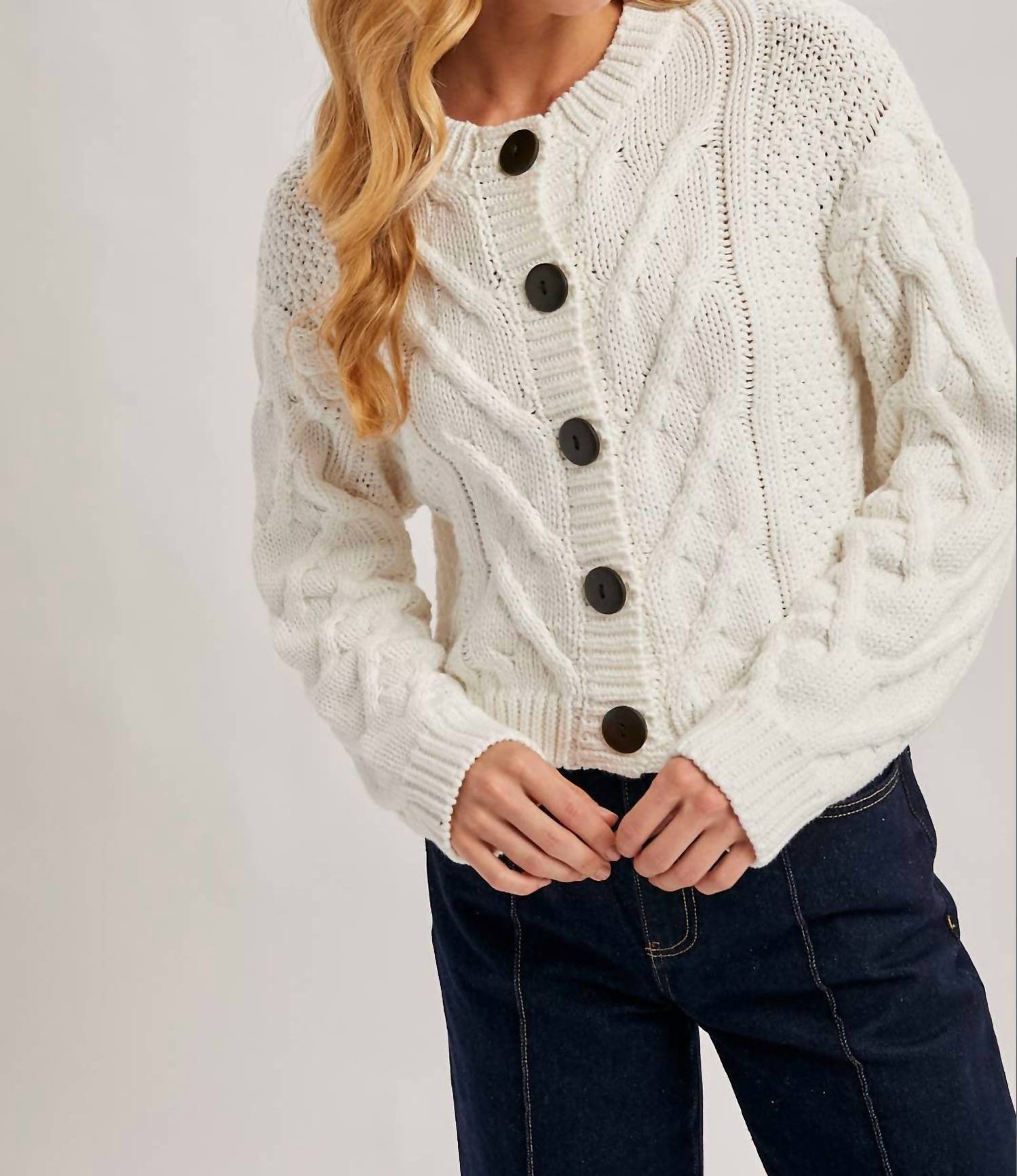 Bluivy - Cropped Button Front Cable Knit Cardigan