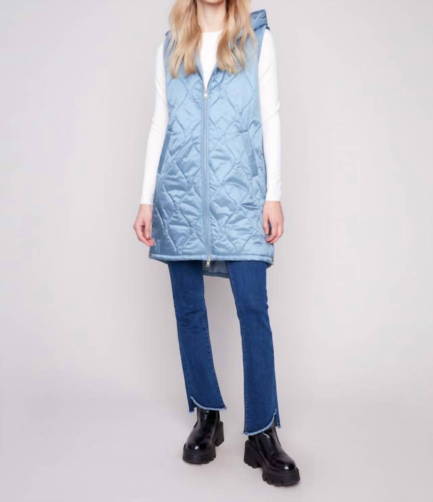 CHARLIE B Pearlized Long Vest in oxford blue - women's jacket - alternate view