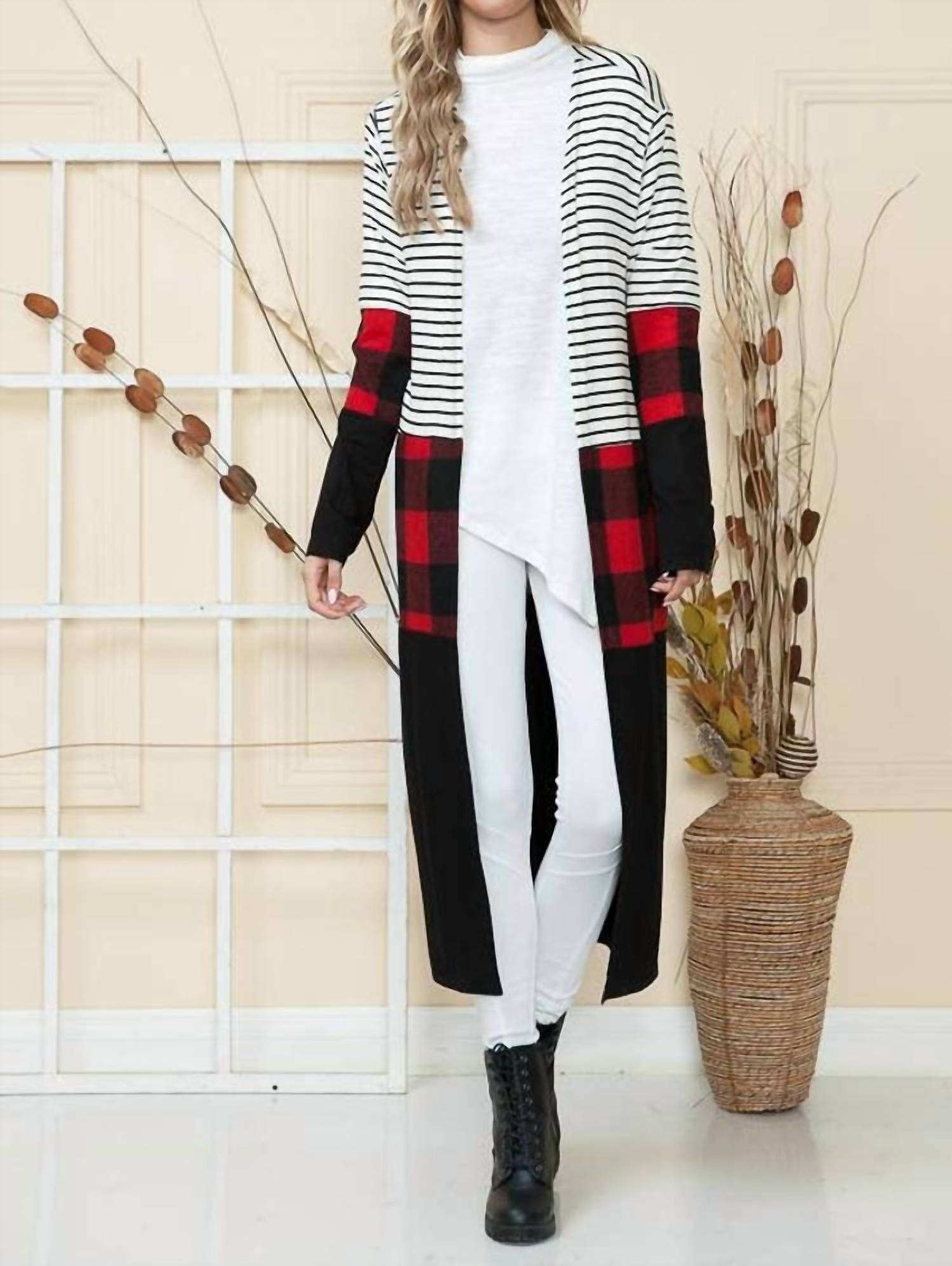 Burgundy Apparel - Maxi Stripe & Red Plaid Cardigan