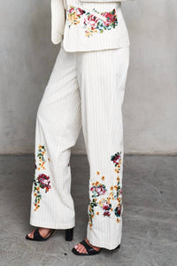Paparazzi - Woven Yarn Dyed Pin Striped Embroidered Trim Pant
