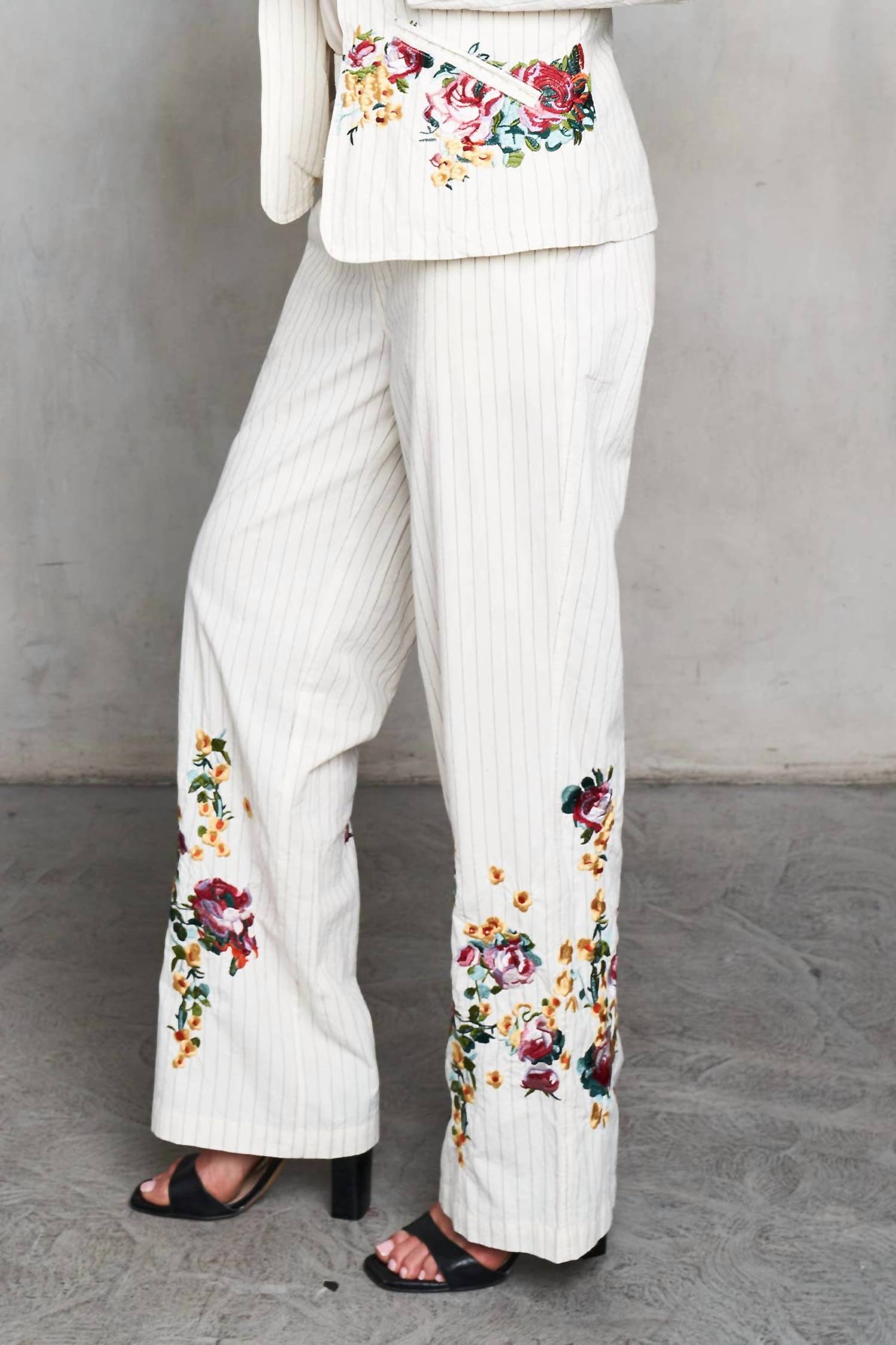 Paparazzi - Woven Yarn Dyed Pin Striped Embroidered Trim Pant
