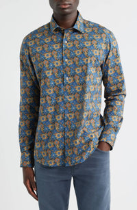 Scott Barber Canclini Regular Fit Floral Cotton Button-up Shirt in blue - men's shirt
