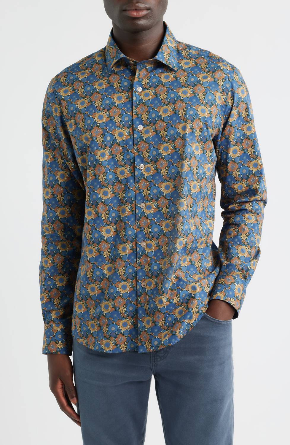 Scott Barber Canclini Regular Fit Floral Cotton Button-up Shirt in blue - men's shirt