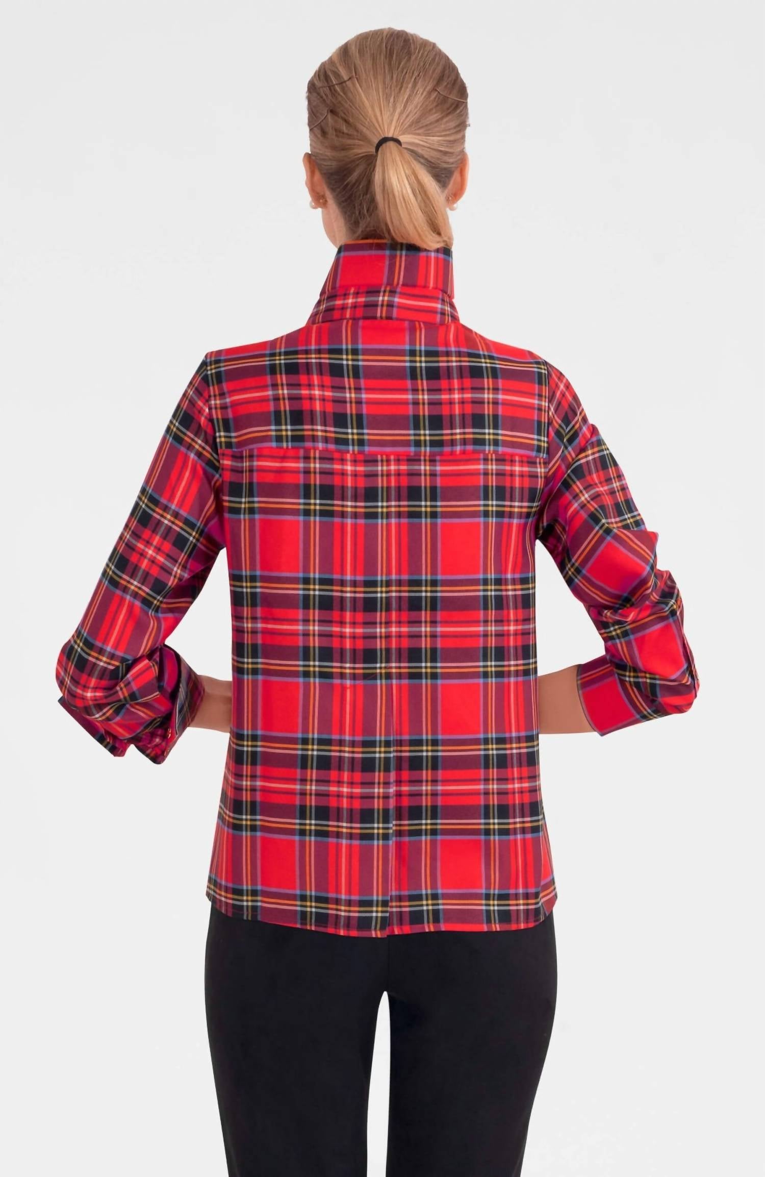 GRETCHEN SCOTT Plaid Button Down Top in red - women's long sleeve top - alternate view