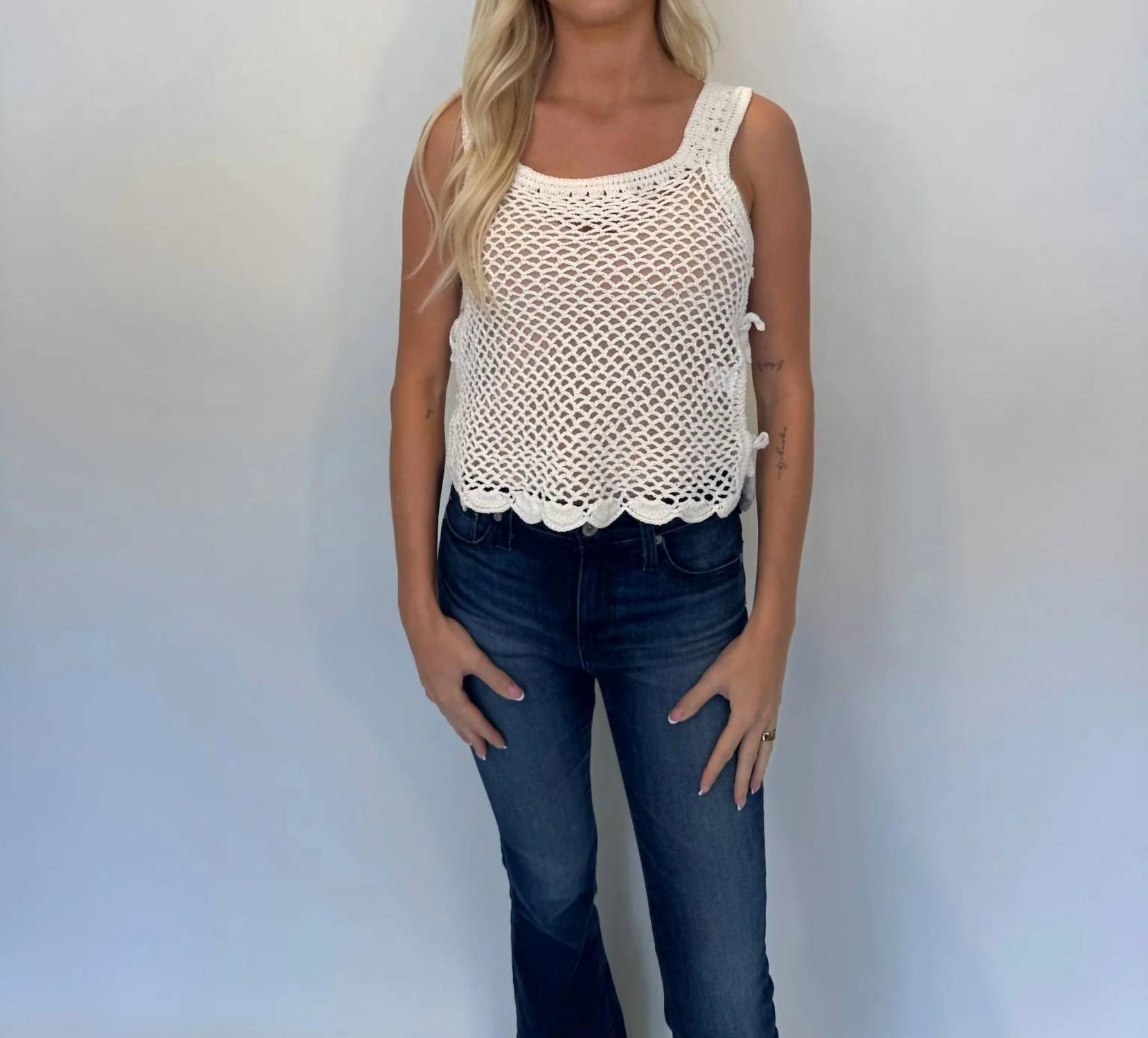 Romi The Brand Azure Crochet Tank Top With Tie in white - women's tank top
