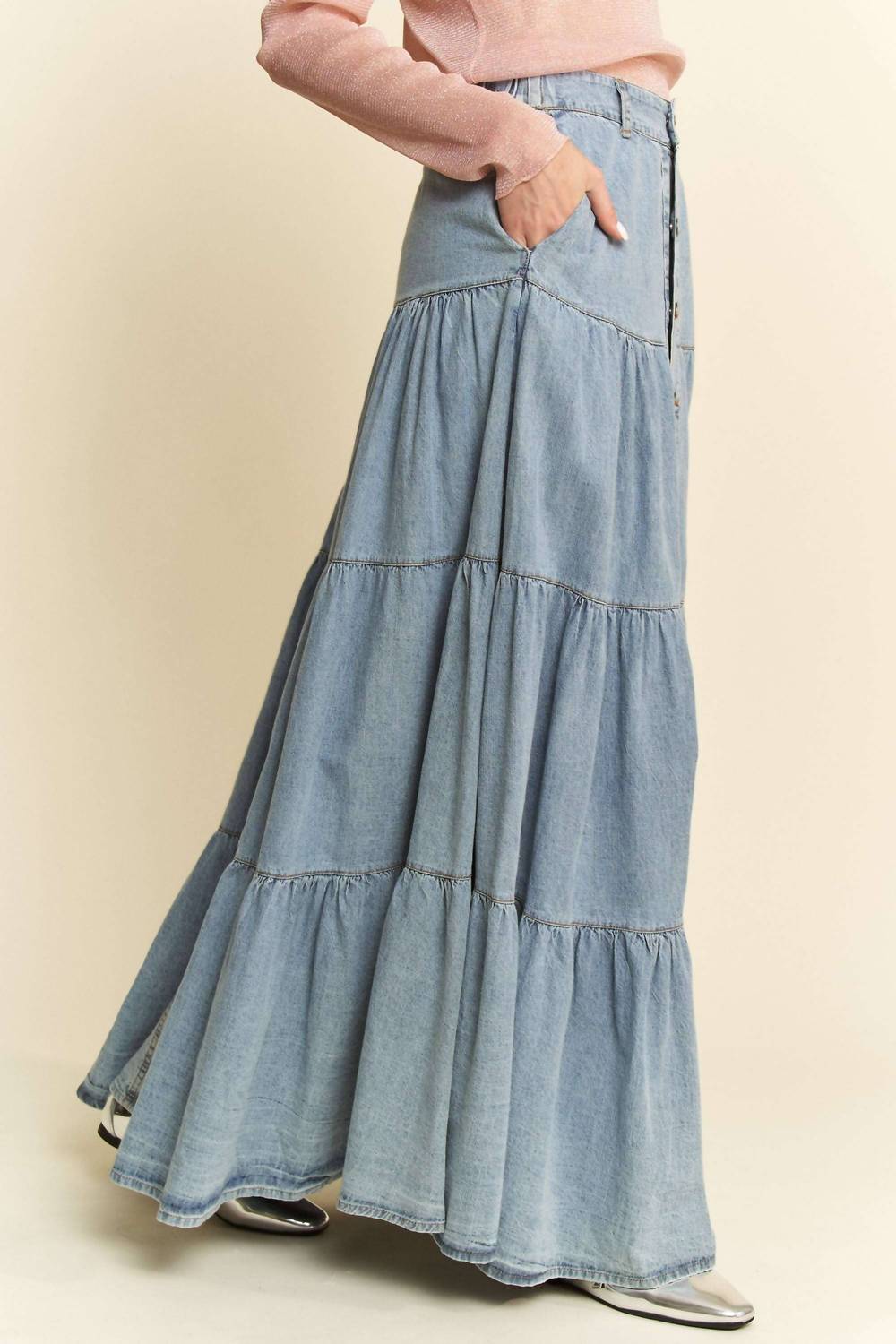 Davi & Dani - Button Front Ruffle Hem Maxi Skirt