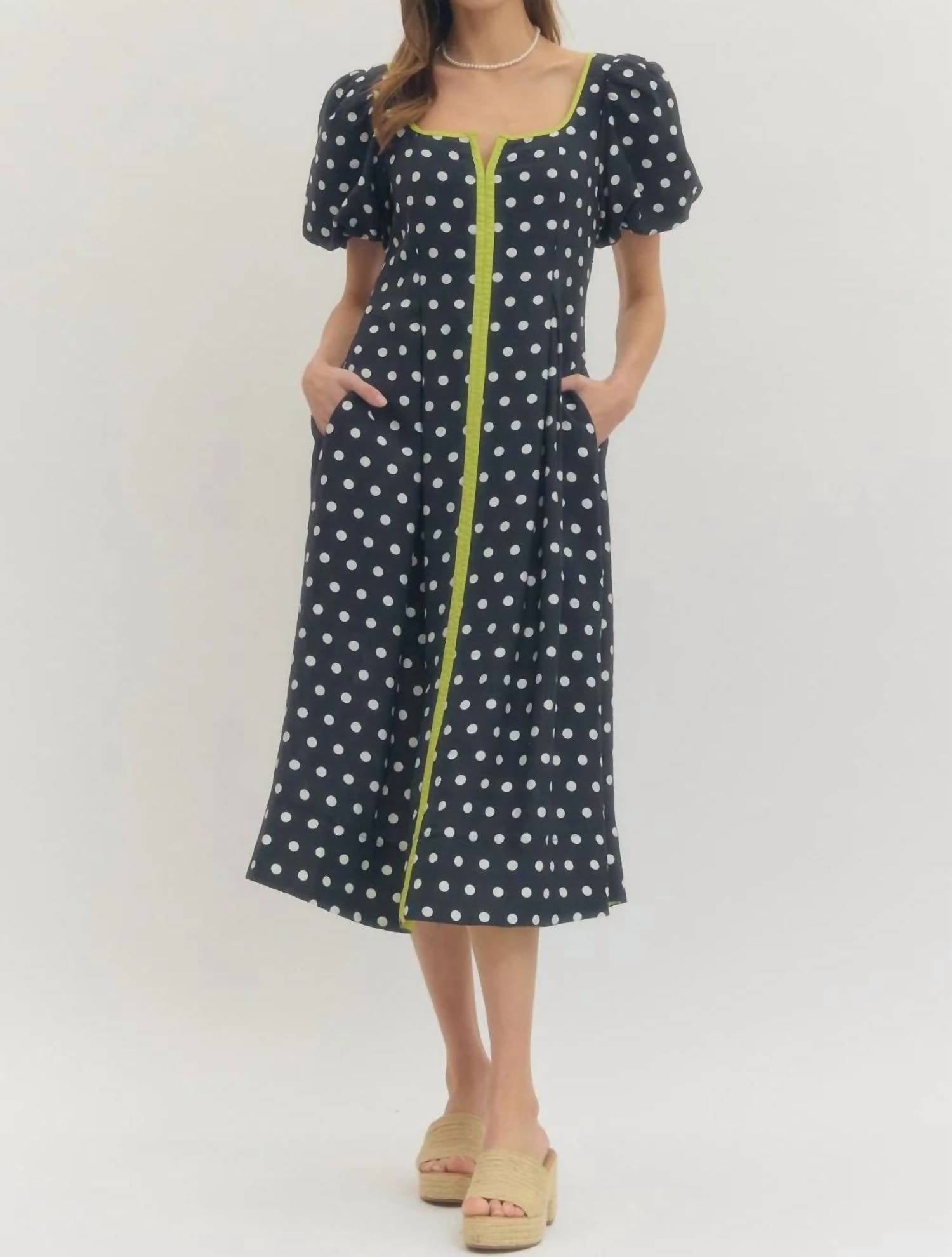 Entro - Polka Dot Puff Sleeve Midi Dress