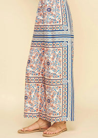 PINCH Palmira Scarf Print Wide Leg Pants in coral blue multi - women's pants - detail view