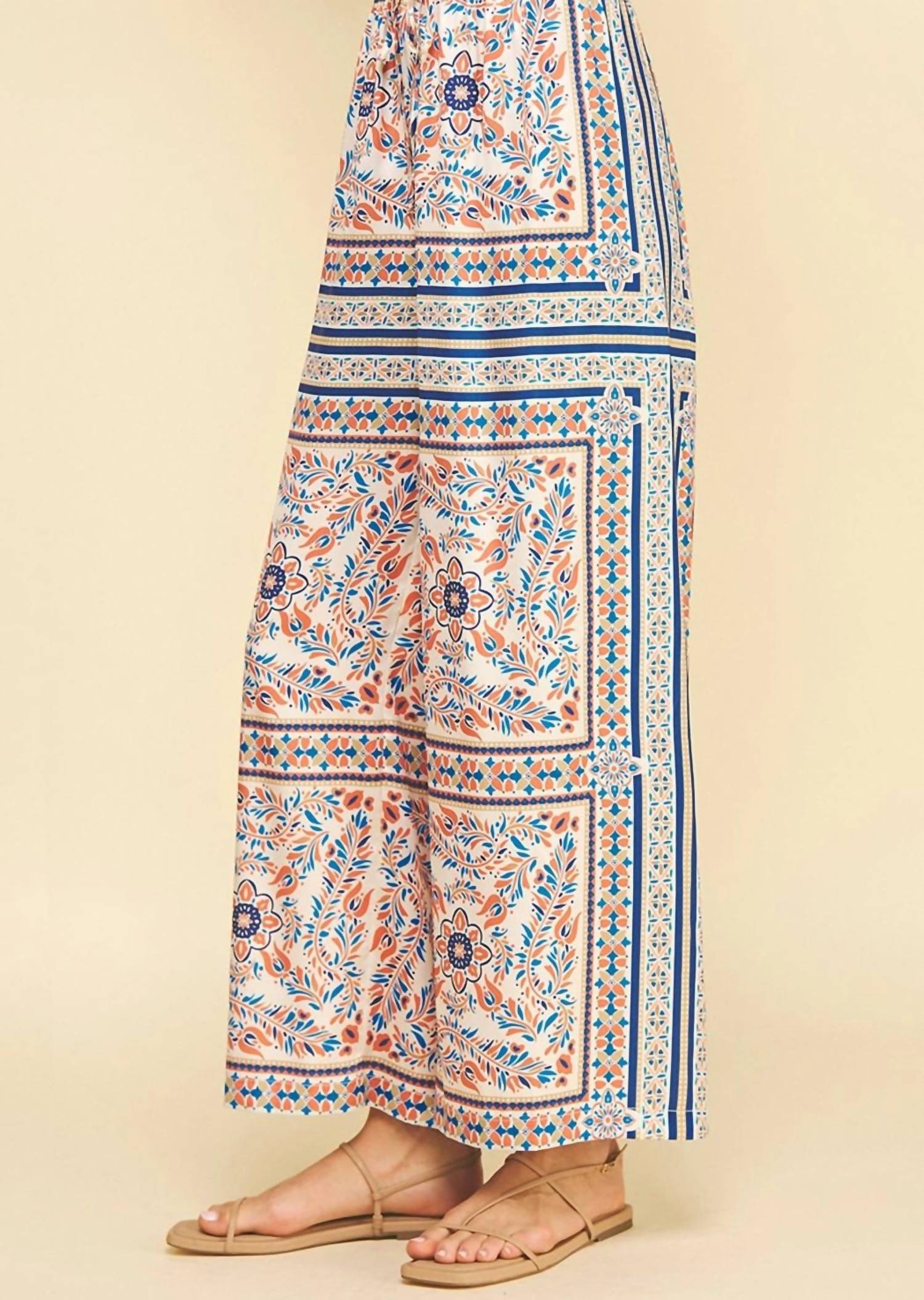 PINCH Palmira Scarf Print Wide Leg Pants in coral blue multi - women's pants - detail view