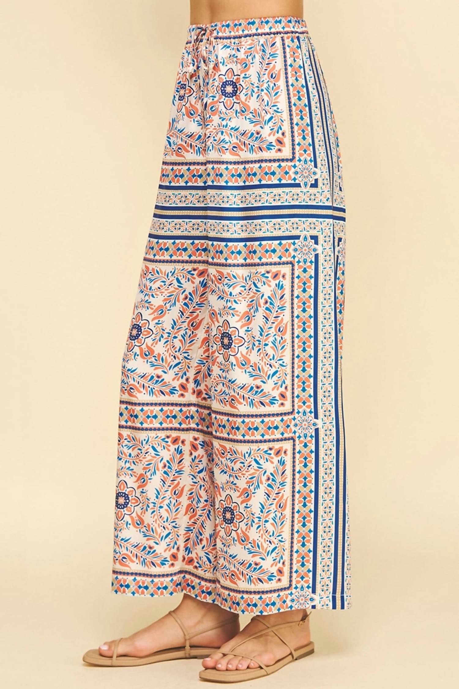 PINCH Palmira Scarf Print Wide Leg Pants in coral blue multi - women's pants - alternate view