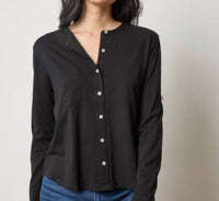 Lilla P Mandarin Collar Button Down Shirt in black - women's shirt - detail view