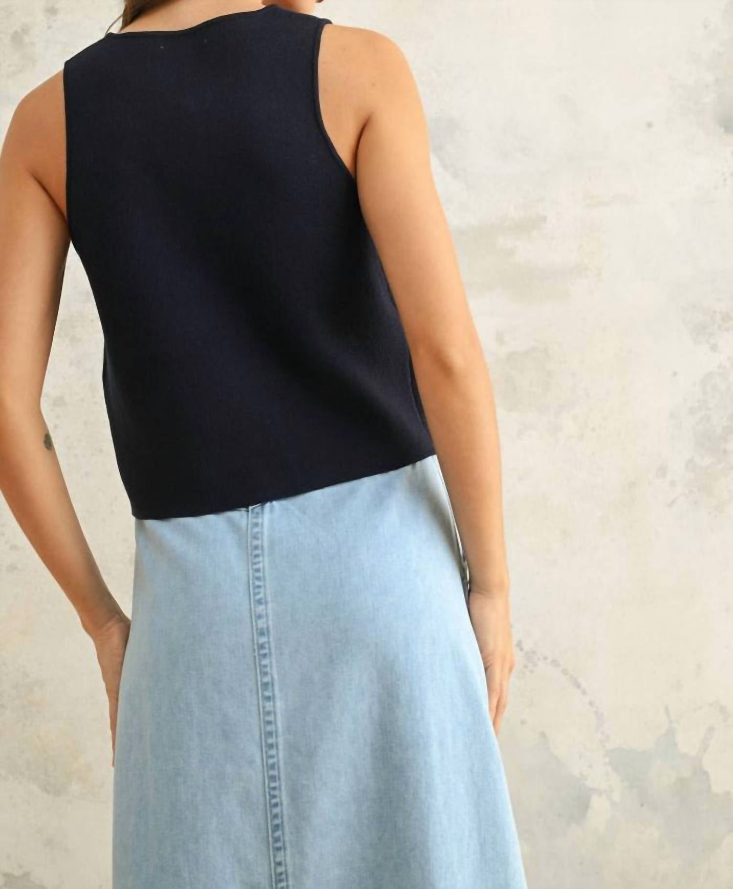 MIOU MUSE Metal Button Down Detail Vest in dark cobalt - women's tank top - alternate view