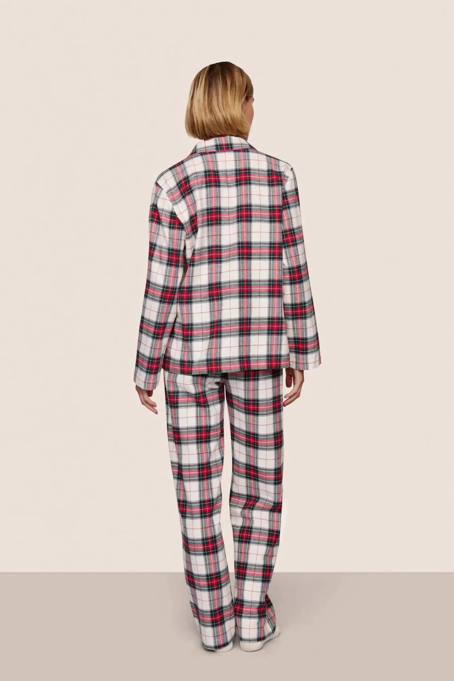 Eberjey Flannel Pajama Set in tartan plaid ivory holly red - women's sleepwear - detail view