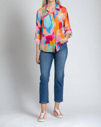 APNY Roll-up Sleeve Chiffon Button-up Shirt in orange multi - women's blouse