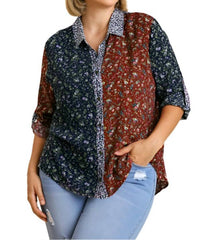 Umgee - Mixed Floral Roll Tab Shirt