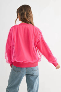 Joh Steven Sheer Ribbed Cardigan in hot pink - women's cardigan - detail view